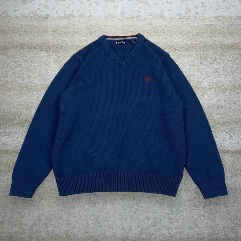 Vintage Y2K Chaps Sweater Mens M Navy Blue V-Neck Cotton Embroidered Red Logo